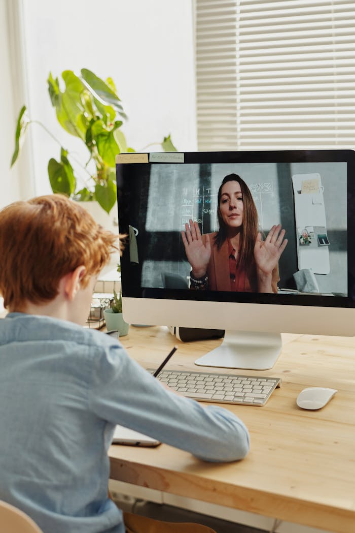 services-01 A child participates in online learning through a video call with a teacher, using a desktop setup indoors.
