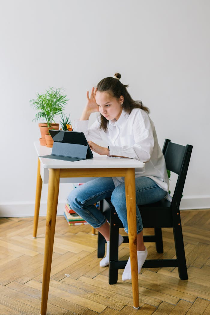 about-01 Teenage girl sitting at home desk, learning online with a tablet in a relaxed setting.
